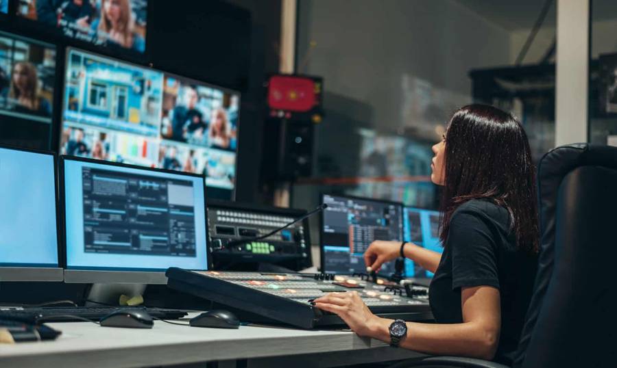 Control room with live video monitors